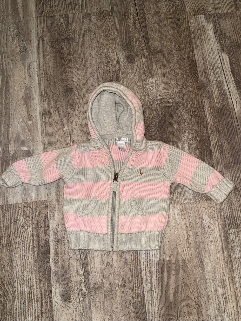 Ralph Lauren Pink & Gray Striped Hooded Zip Knit Sweater - Kids - Picture 1 of 5
